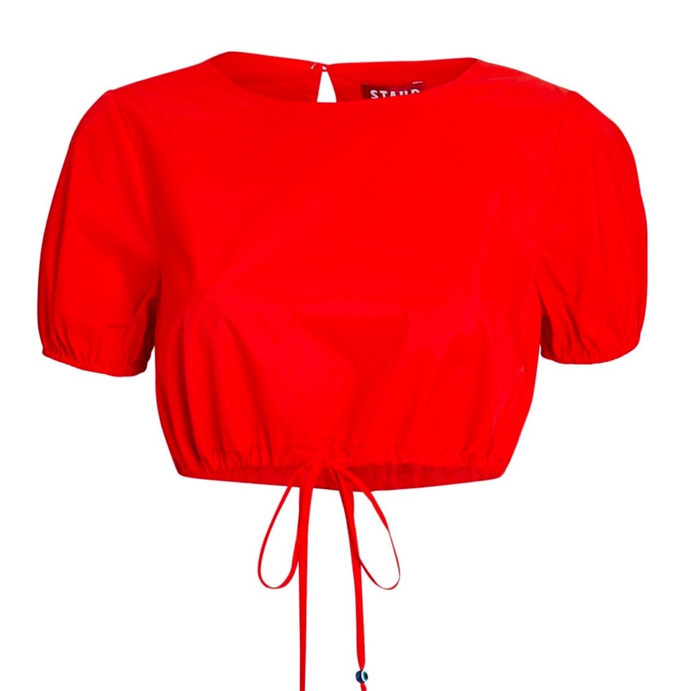 STAUD Vibrant Red Puff Sleeve Crop Top
